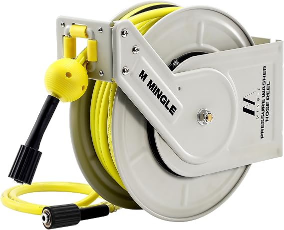 M MINGLE Pressure Washer Hose Reel, 1/4 60 ft Retractable Hose Reel, Power Washer Hose Reel, Wall/Floor Mounted, 3600 PSI
