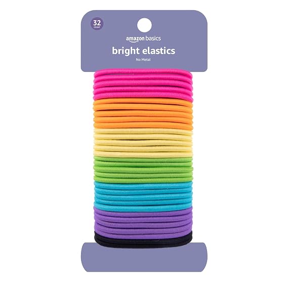 Amazon Basics No Damage Elastic Hair Ties, Ponytail Holders for Thick Hair, No Pull, Secure Hold, Snag-Free, Bright 4 MM Elastics for All Types, 32 Count