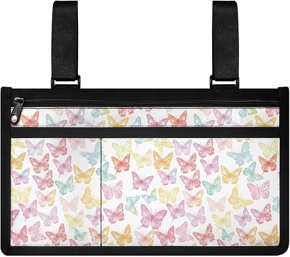 LedBack Wheelchair Side Bag Colorful Butterfly Wheelchair Phone Holder Wheelchairs Bag for Walker, Rollator, Electric Scooter, Ideal Gift for Mother & Father
