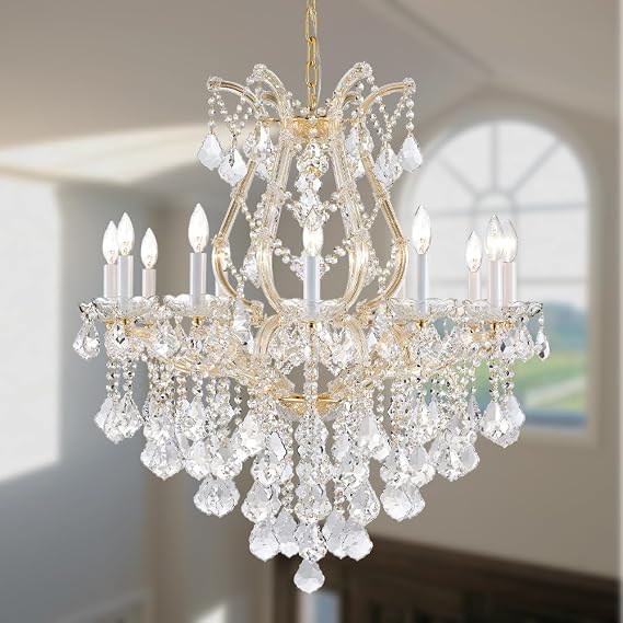 Large Gold Modern Crystal Chandelier Light Fixtures - 12 Maria Theresa Crystal Lights Pendant Light Foyer Chandelier Fixtures for Staircase Hallway Living Room Entryway