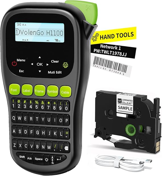 H1100 Label Maker, Handheld Backlit Label Maker Machine, with Waterproof White Tape(12mm), Replacement for Brother Label Printer, QWERTY Keyboard & 3 Cable Modes, For Home & Office