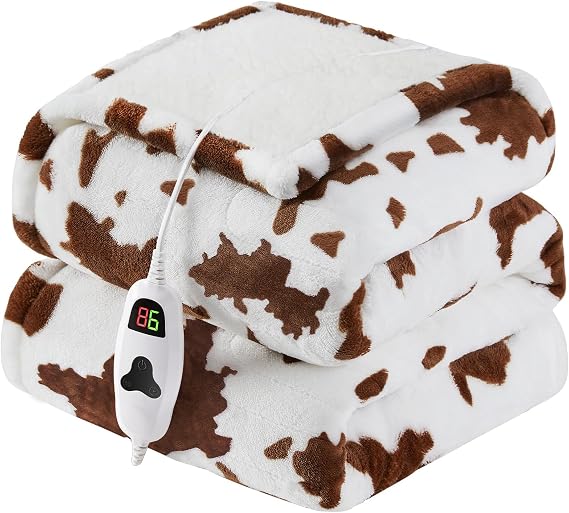 Heated Electric Blanket Throw,50X60 Brown Heating Blanket with 10 Heats Levels & 8 Hours Auto Off, Cow Print Western Highland Cow Decor Stuff Fleece Sherpa Blankets Warmer Gifts for Women Adults