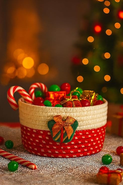 Woven Storage Basket, Cotton Rope Laundry Basket, Small Basket Box Organizer Bins With Handlesfor Toys, Books, Decorative Empty Gift Basket for Home Bathroom Decor (Festive)