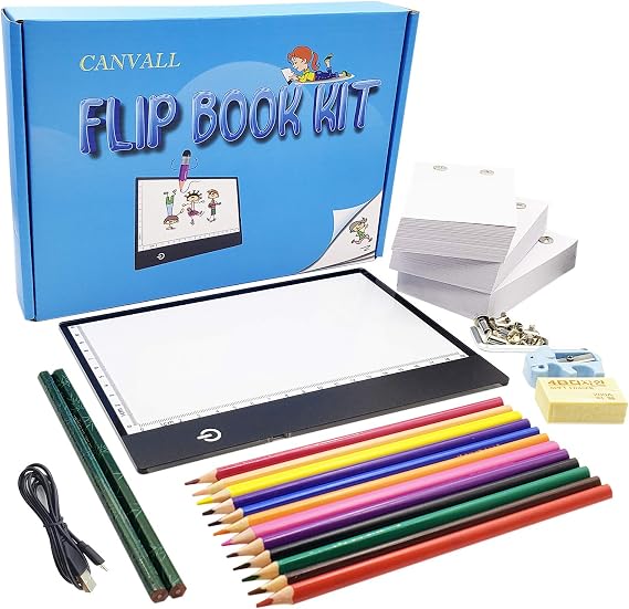 Flipbook Set for Drawing and Tracing Animation, Include: LED Light Box, 540 Pages Animated Loose-Leaf Paper, 2 HB +12 Colored Drawing Pencils, Pencil Sharpener, Eraser and Screwdriver