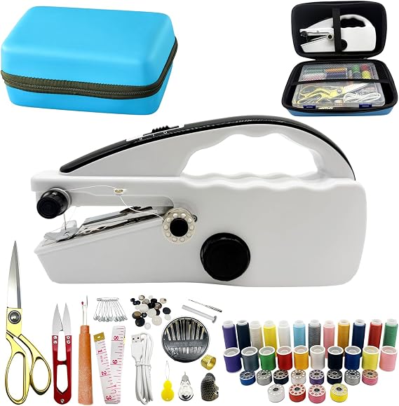 Heavy Duty Handheld Sewing Machine with 110 PCS Sewing Kit & Blue Leather Case, Mini Portable Hand Held Sewing Machine for Adults and Beginners, for Mending Clothes, DIY Projects, at Home or on the Go