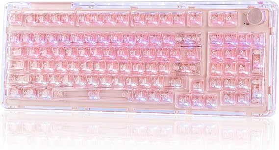 KiiBoom Phantom 98 Crystal Mechanical Gaming Keyboard, Shine Through Keycap | Transparent Keyboard with RGB Backlits, Hot-Swappable, 3 Modes Wireless, 8000mAh Battery, NKRO for Win/Mac (Pink)