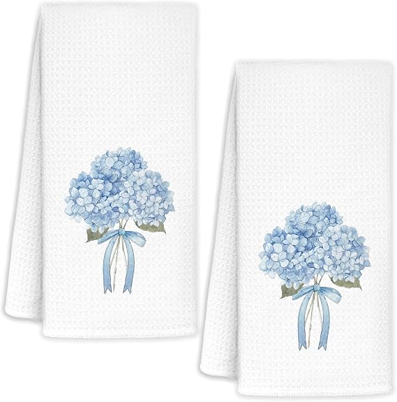 Blue Hydrangea Bow Decorative Hand Towels for Bathroom Washroom Set of 2, Hydrangeas Gifts, Hydrangea Decor for Bathroom Kitchen, Flower Floral Hydrangeas Kitchen Towels, 16x24 Inch