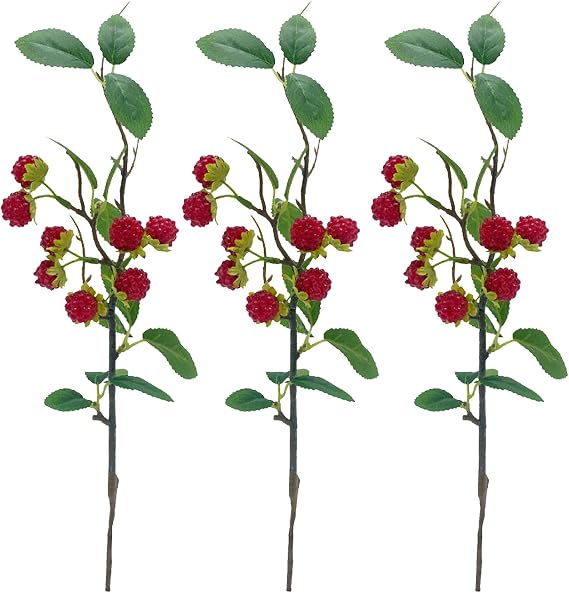 3PCS Artificial Bayberry Greenery Stem, 15in Tall Foam Fake Raspberry Branch Faux Fruit Raspberry Long Stem Bouquet Greenery Plants Pick for Home Wedding Photography Prop Decor(Strawberry Red)