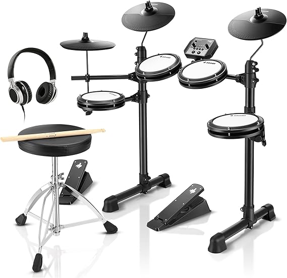Donner DED-80 E-Drum Set E-Drum Mesh Kit with 180 Sounds Quiet Mesh Drum Set with Robust Pedals Drum Throne Sticks Headphones included Lightweight and Portable and 40 Melodic Lessons