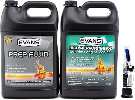EVANS Coolant | Switch to Waterless | High Performance Coolant + Prep Fluid for Initial Flush + Analog Refractometer for Testing Residual Water Content | 100% Waterless to Stop Boil-Over & Overheating