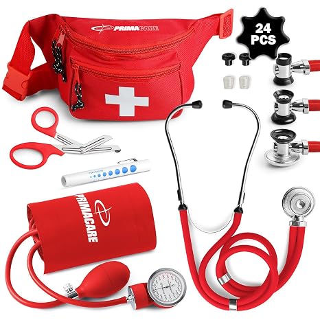Primacare CSKB-9181-RD Blood Pressure Kit with Sprague Rappaport Stethoscope, Professional Series Fanny Pack Combo, Red (Pack of 24)