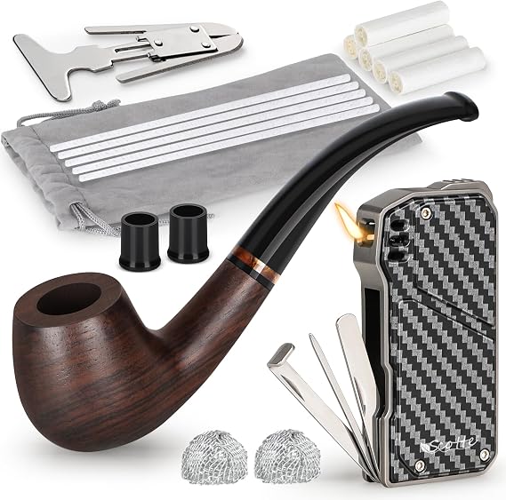 Scotte Handmade Pipe and Pipe Lighter Set, Wood Pipe and Various Pipe Accessories, Soft Flame Refillable Butane Lighter with 3 Foldable Pipe Cleaners Tools, Great Gift for Men