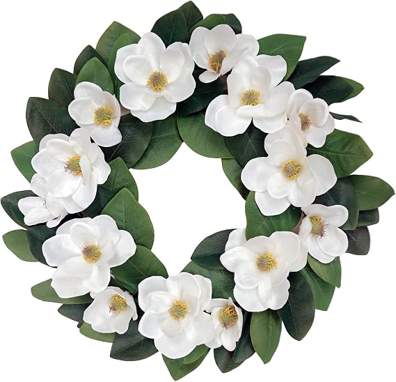 24 Inch Artificial Magnolia Wreath, Spring Summer Year-Round Decor, Faux Floral Wreaths for Front Door, Porch, Living Room, Bedroom, Wall