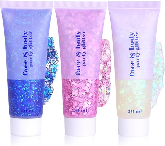 Sularpek 3 Pcs Face Glitter, 50ml Hair Glitter Gel, Sequins Shimmer Liquid Eyeshadow, Mermaid Sequins Festival Glitter for Face Body Eye Hair Festival Party Makeup Decoration