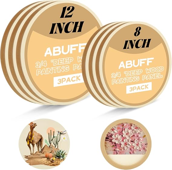 ABuff 6 Pack Unfinished Round Birch Wood Canvas Panels of 2 Sizes 8''and 12''Studio 3/4 ''Deep Wood Canvas Boards for Painting Crafts, Pouring, Arts Use with Oils, Acrylics