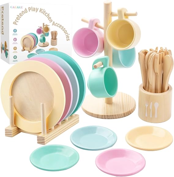GAGAKU Wooden Play Kitchen Accessories 27 PCS Wood Toy Food Set for Kids Kitchen with Pots and Pans Role Play Cooking Toy Dishes and Plates Tea Set for Toddlers (Newest)