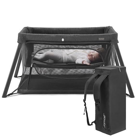 Gromast 2 in 1 Portable Travel Crib for Toddler, Foldable Crib for Baby, Lightweight Playpen Collapsible Playard with Soft Mattress, Easy to Carry Baby Travel Bed for Outdoor, Indoor (Black)