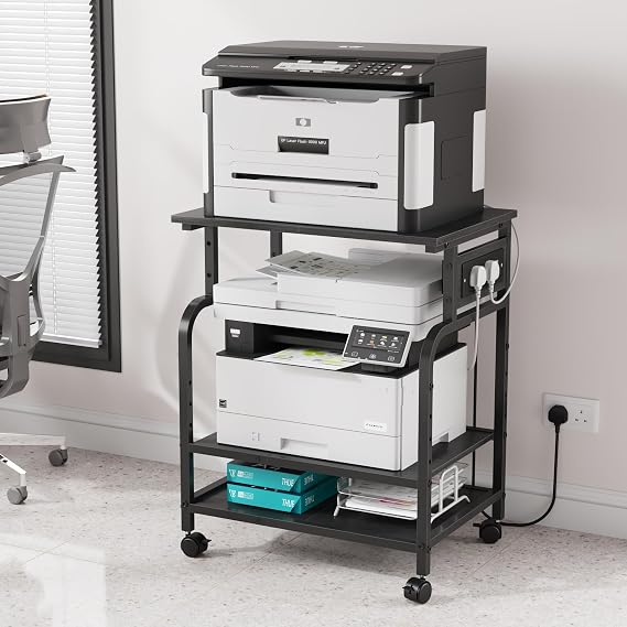 3-Tier Rolling Printer Stand with Outlets for Home, Office, Black