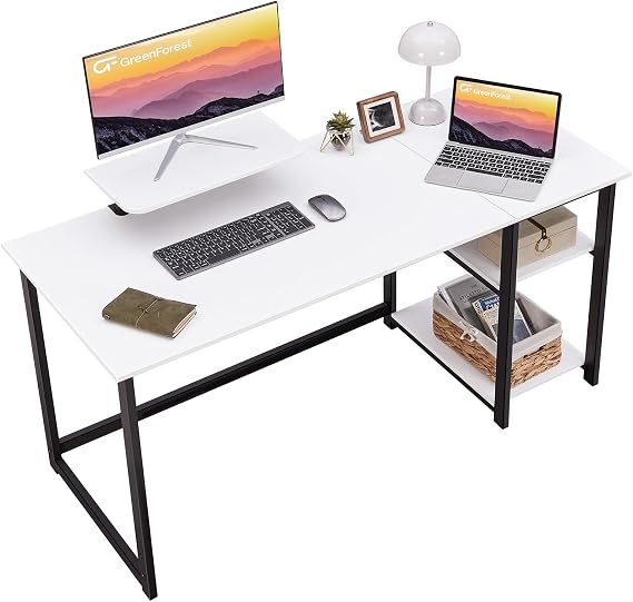 GreenForest Office Desk 140cm with Monitor Stand, White