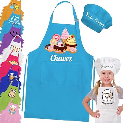 Kids Aprons for Cooking Personalized Girls Apron and Chef Hat Set Custom Name for Boys Teens Baking Painting Gift