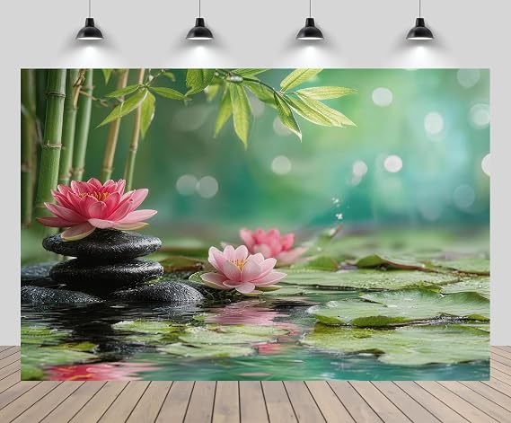 7ftx5ft Zen Garden Backdrop Basalt Stone Bamboos and Waterlily with Fountain Japanese Relaxation Background Meditation Spa Birthday Wedding Party Decor Photo Props
