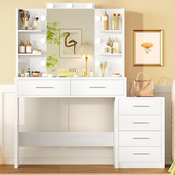 Dressing Table with Mirror and 9 LED Lights, Makeup Vanity with 6 Drawers, 6 Open Shelves, 3 Color Modes & Adjustable Brightness, Vanity Desk