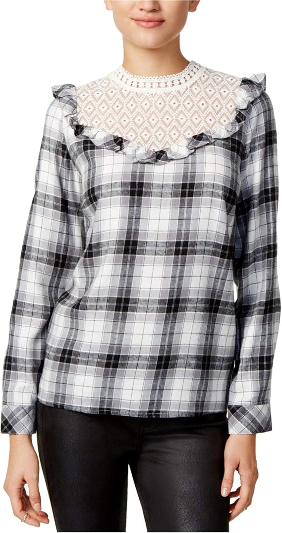 kensie Women's Soft Plaid Ruffle Top, Black Combo, M