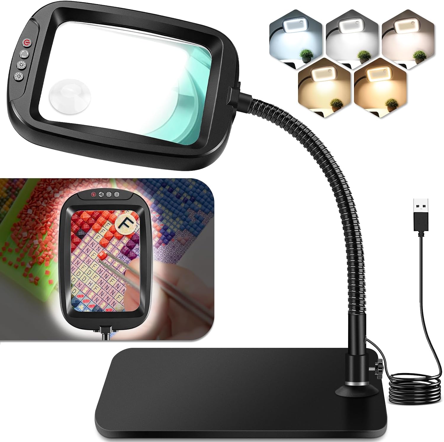 NZQXJXZ 10X Magnifying Glass with Light and Stand, Desk Magnifier Lamp with 5 Color Modes Stepless Dimmable for Diamond Art Accessories Hobbies Crafts Seniors Reading Close Work