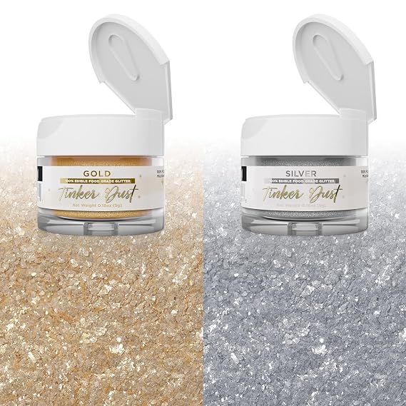 Prime Bundle - Gold and Silver Tinker Dust (5g 2x Jars) Edible Glitter Dust for Cake Decorating, Cookies, and Desserts!