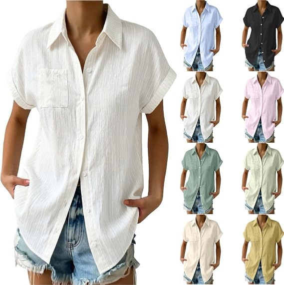 Womens Button Down Shirt Short Sleeve with Collar Plus Size V Neck Loose Blouses Casual Summer Basic Top with Pocket