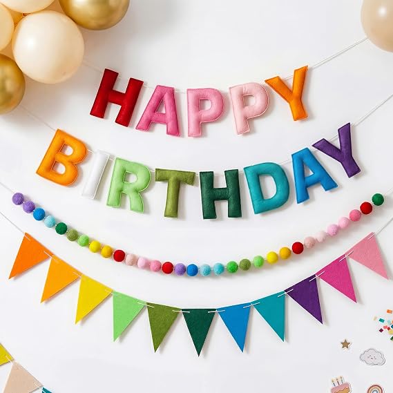 OLANRUN Birthday Decoration, with Happy Birthday Felt Garland Sign, Bunting Birthday, Pompom Garland, Reusable Rainbow Happy Birthday Party Decoration Banner for Girls, Boys, Women, Men