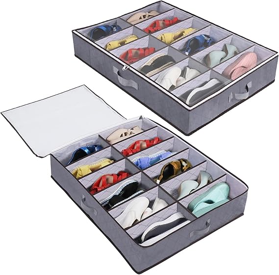 Nwvuop 2 Pack Under Bed Shoe Storage Organiser Box with Clear Lid Foldable Under Bed Shoes Bag, Fits 24 Pairs Grey
