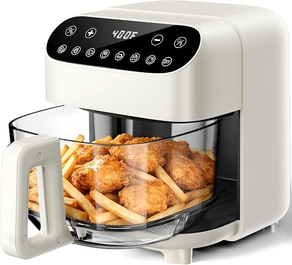 Kismile 5QT Glass Air Fryer, Non Toxic AirFryer with Digital Touch Control | BPA-Free, 1500W, Portable, Dishwasher Safe Basket, Up to 400F, 95% Less Oil Cooking, White