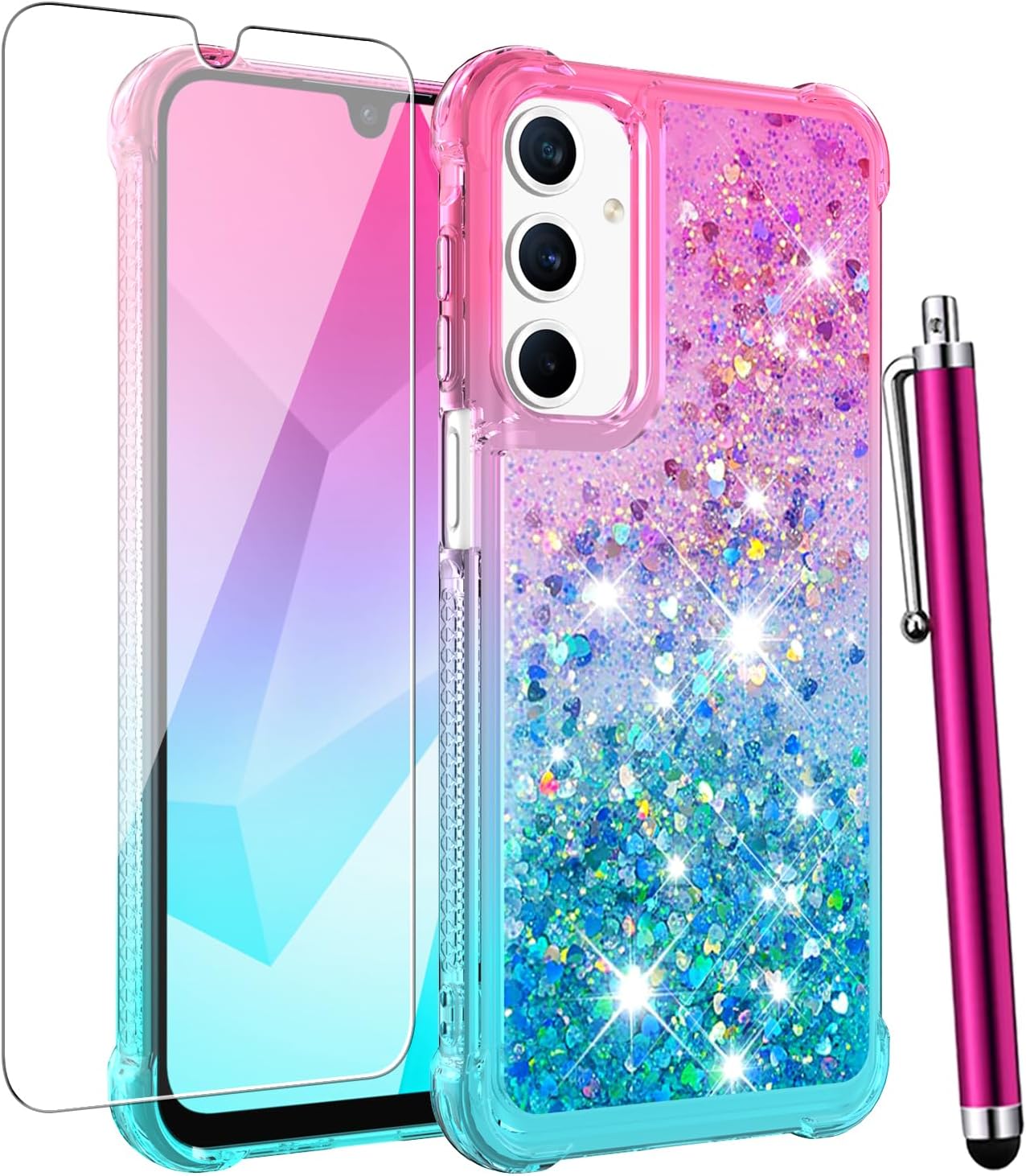 Samsung Galaxy A16 5G用ケース スクリーンプロテクター付き、キラキラ光る液体 キラキラ フローティング キュート 女性 ガールズ スマホケース ソフト TPU スリム 耐衝撃 保護カバー Samsung A16 5G-ピンクブルー