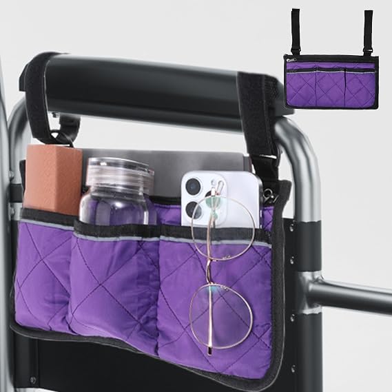 Wheelchair Side Bag, Wheelchair Bag Armres Waterproof Wheelchair Armrest Pouch with Reflective Stripe, Bag for Wheelchair Side Organizer Wheelchair Pouch Side Pocket for Wheelchair, Purple