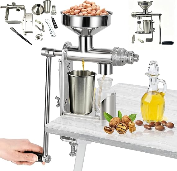 Manual Oil Extractor Machine, Oil Press Machine, Small Stainless Steel Hot Cold Oil Press Maker, Cold Hot Press Oil Extraction Pressing Tool, For Peanut Nuts Seed