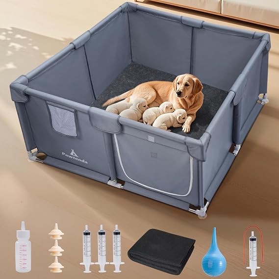 Pawtenda Whelping Box for Dogs and Puppies, with 5-Piece Puppy Care Kit | 47"x47"x24", for Medium/Large Breed Dogs, Tear-Resistant Oxford Fabric Dog Playpen with Suction Cups