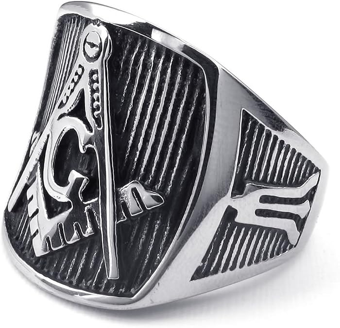KONOV Mens Stainless Steel Ring, Freemason Masonic, Black, Size 9