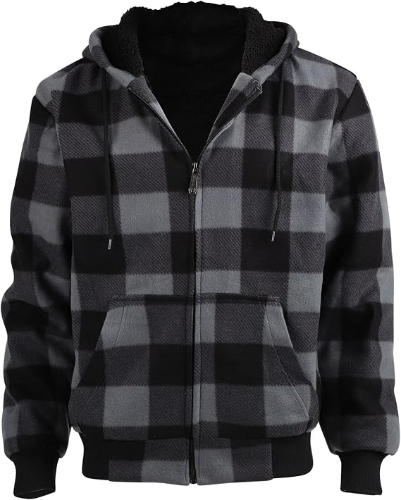 TanBridge Sherpa Fleece Lined Hoodie Big and Tall Plaid Flannel Jacket Winter Coats for Men Zip Up Winter Warm Sweatshirts