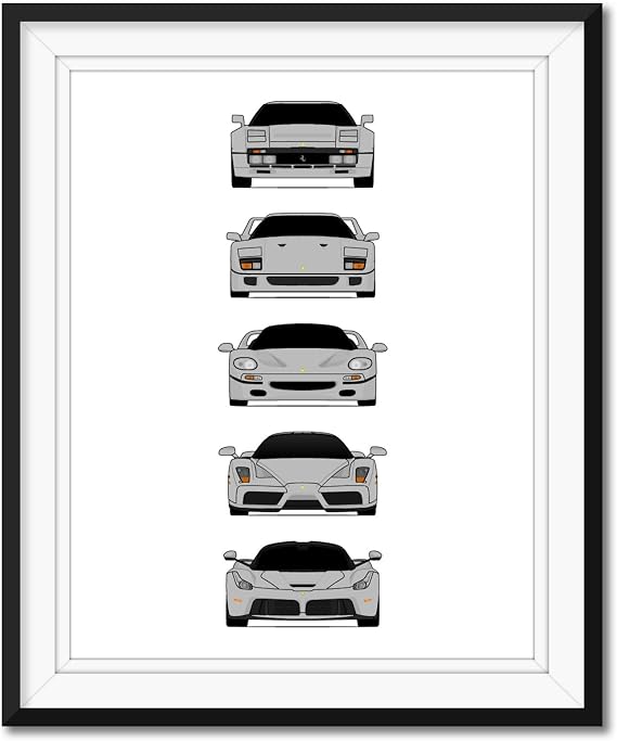 Custom Car Posters Handmade Poster compatible with Ferrari Halo Generations and Print of 288 GTO, F40, F50, Enzo, LaFerrari - Silver, 11x14 Metallic Print (Unframed) for Car Enthusiast
