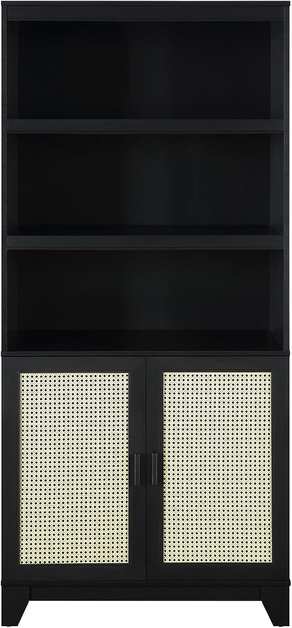 Manhattan Comfort Sheridan Bookshelf with Adjustable Shelves, Bookcase with Concealed Storage and Rattan Soft Close Doors 3 Tier Display Cabinet for Living Room, Home Office, or Bedroom in Black
