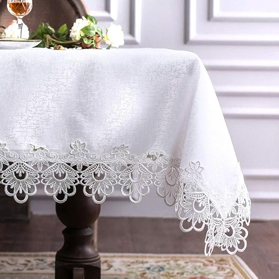 ARTABLE White Lace Rectangle Tablecloth Macrame Border 52 x 70 Inch | Embroidered lace fabric with macrame border for dining tables, holidays, weddings, parties, and elegant home decor