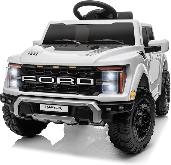 Official Licensed Ford F150 Raptor Toys Car for Kids, 12V Electric Power Ride on Truck, with 4 Wheels Shock Absorption, Remote Control, 3-Point Safety Harness, LED Lights, Bluetooth, 3 Speed (White)