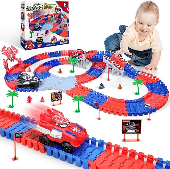 Spider Tracks Car Toys for Boys Ages 3-8, 2 Spider Cars & 212PCS Flexible Race Track, STEM Building Toy Gift for 3 4 5 6 7 8 Year Old Kids