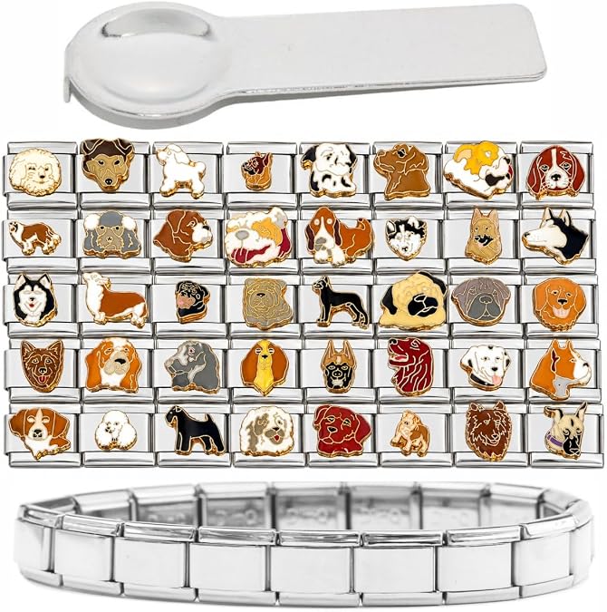 NewCharms Set of 40 Dog Italian Charms Plus Stainless Steel Starter Bracelet and Tool - Wholesale Jewelry Set Puppy Doggy Links