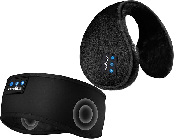 MUSICOZY Ear Warmers Earmuffs Sleep Headphones Bluetooth Sports Headband for Winter Side Sleepers Running Travel Yoga Meditation, Earmuff & Headband, Pack of 2
