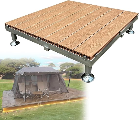 84x84cm Low Profile Patio Platform Deck For Backyard, Heavy Duty Waterproof Wood Plastic Decking Floor, Height Adjustable 20~26cm, Modular Floating Deck Tiles Kit For Camping/Porch(Light brown)