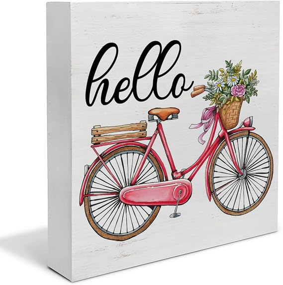 Summer Wood Box Sign Art Decor Desk Sign Hello Floral Bicycle Wooden Box Block Sign Farmhouse Home Shelf Wall Decoration