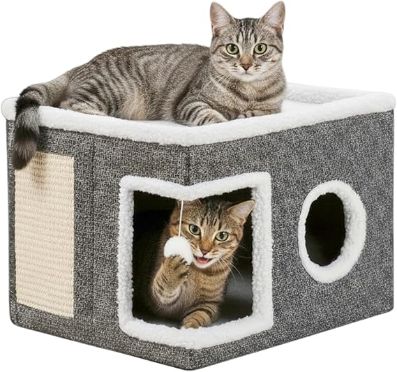 Cat Beds for Indoor Cats - Foldable Cat Cave House with Scratch Pad and Fluffy Ball, Kitten Bed and Pet Bed Furniture (Grey-B)
