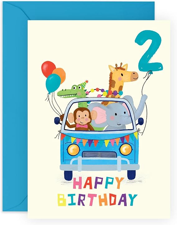 CENTRAL 23 Happy 2nd Birthday Card For Boys Girls Kids - 'BDAY Car Animals Age 2' - Second Birthday Greeting Card For Kids Toddler - Two Year Old - Gifts For Son -  With Stickers